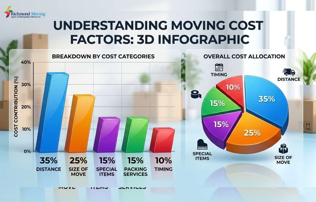 Graph showing the main factors influencing Burnaby to Richmond moving costs including distance, size, special items, packing services, and timing