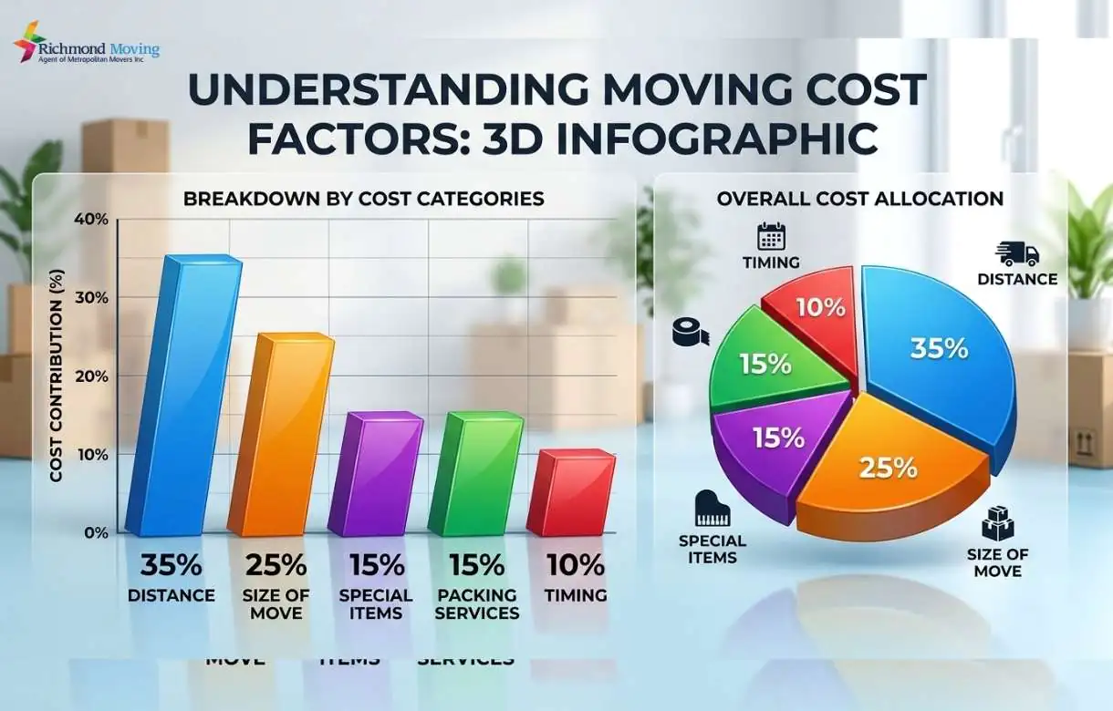Graph showing the main factors influencing Burnaby to Richmond moving costs including distance, size, special items, packing services, and timing