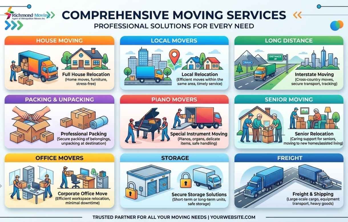 Infographic showing all moving services available from Burnaby to Richmond including house moving, office relocation, packing, piano movers, storage, and freight