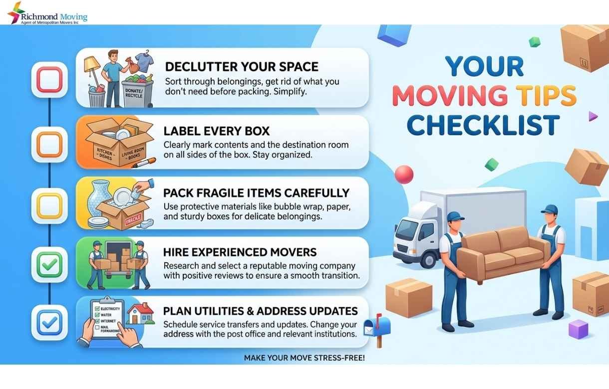 Checklist infographic of essential tips for a smooth move from Burnaby to Richmond including decluttering, labeling, packing fragile items, hiring movers, and planning utilities