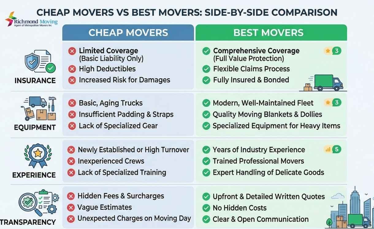 Visual comparison of cheap movers versus best movers, showcasing their service features and cost effectiveness.
