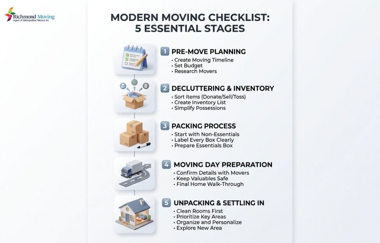 Step by step moving checklist infographic for moving from Vancouver to Richmond