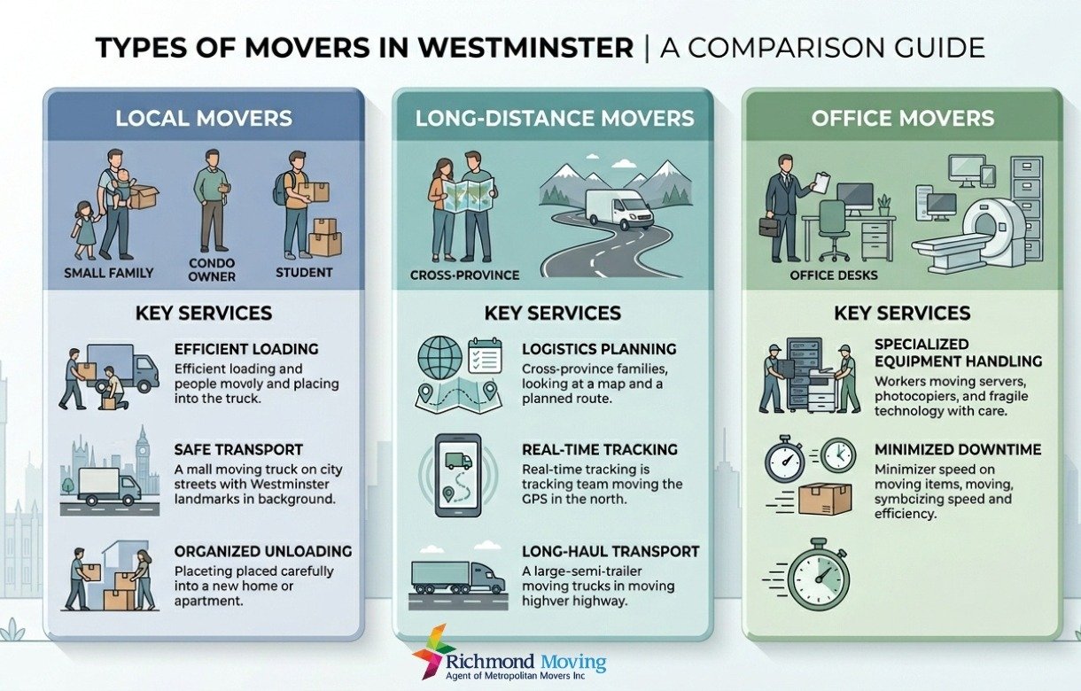 Infographic comparing local, long-distance, and office movers in Westminster
